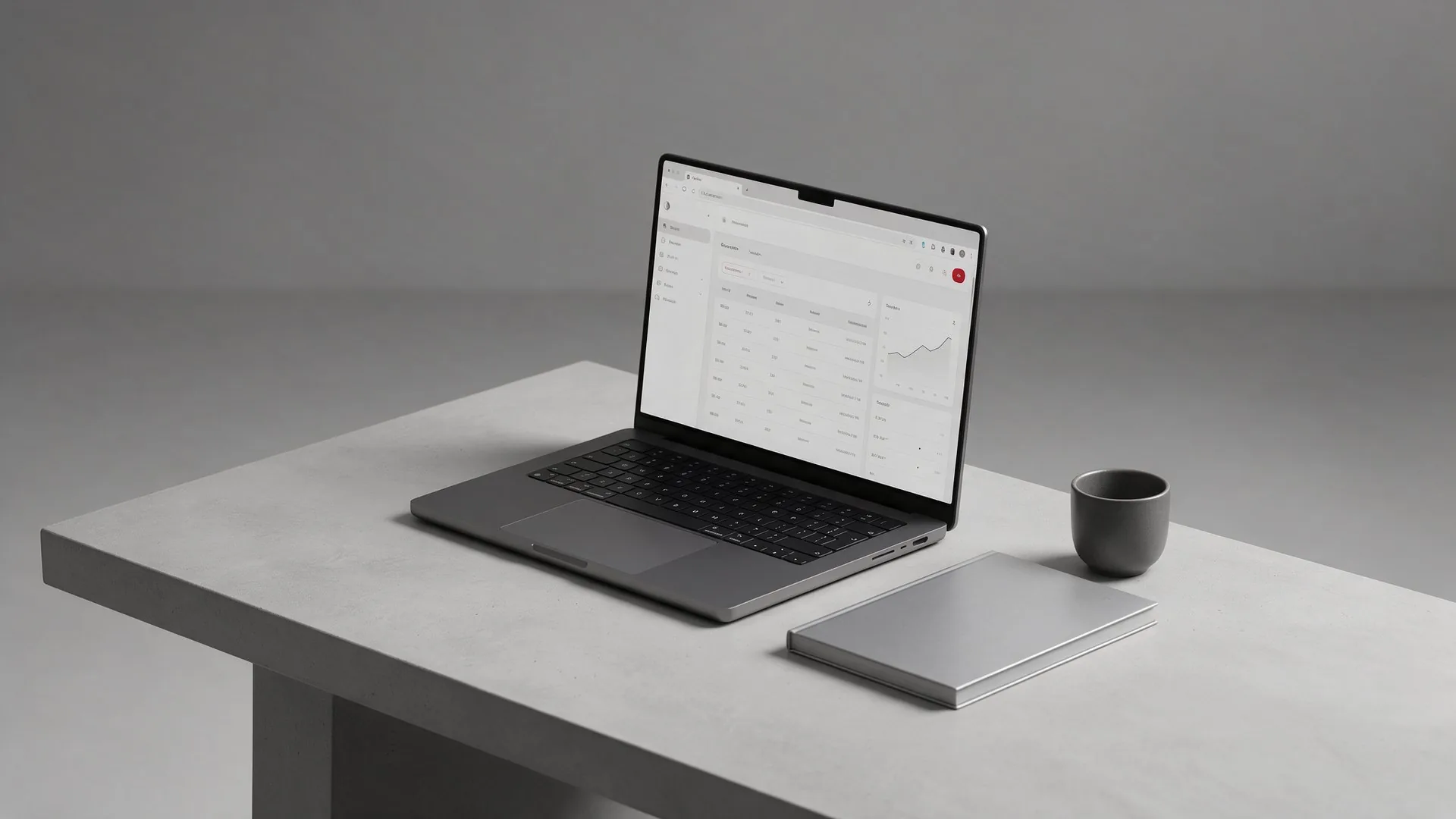 Laptop sobre un escritorio gris mostrando el panel de una aplicación web en el navegador