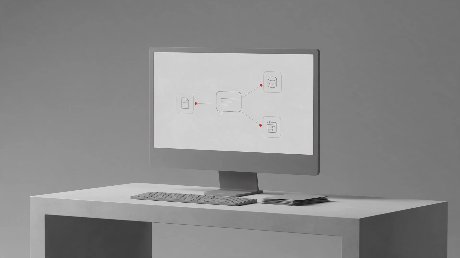 Monitor con un diagrama que conecta una burbuja de chat con documentos, base de datos y calendario