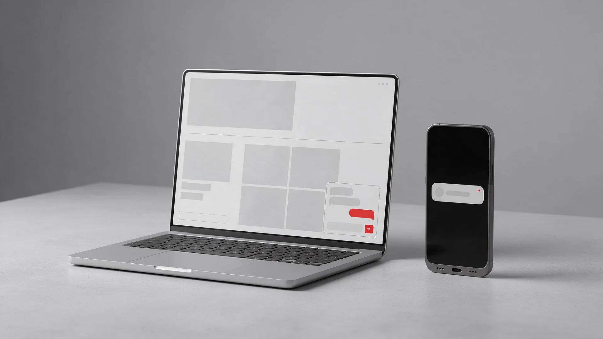 Laptop con un sitio web y una ventana de chat abierta, junto a un teléfono con un aviso de nuevo prospecto
