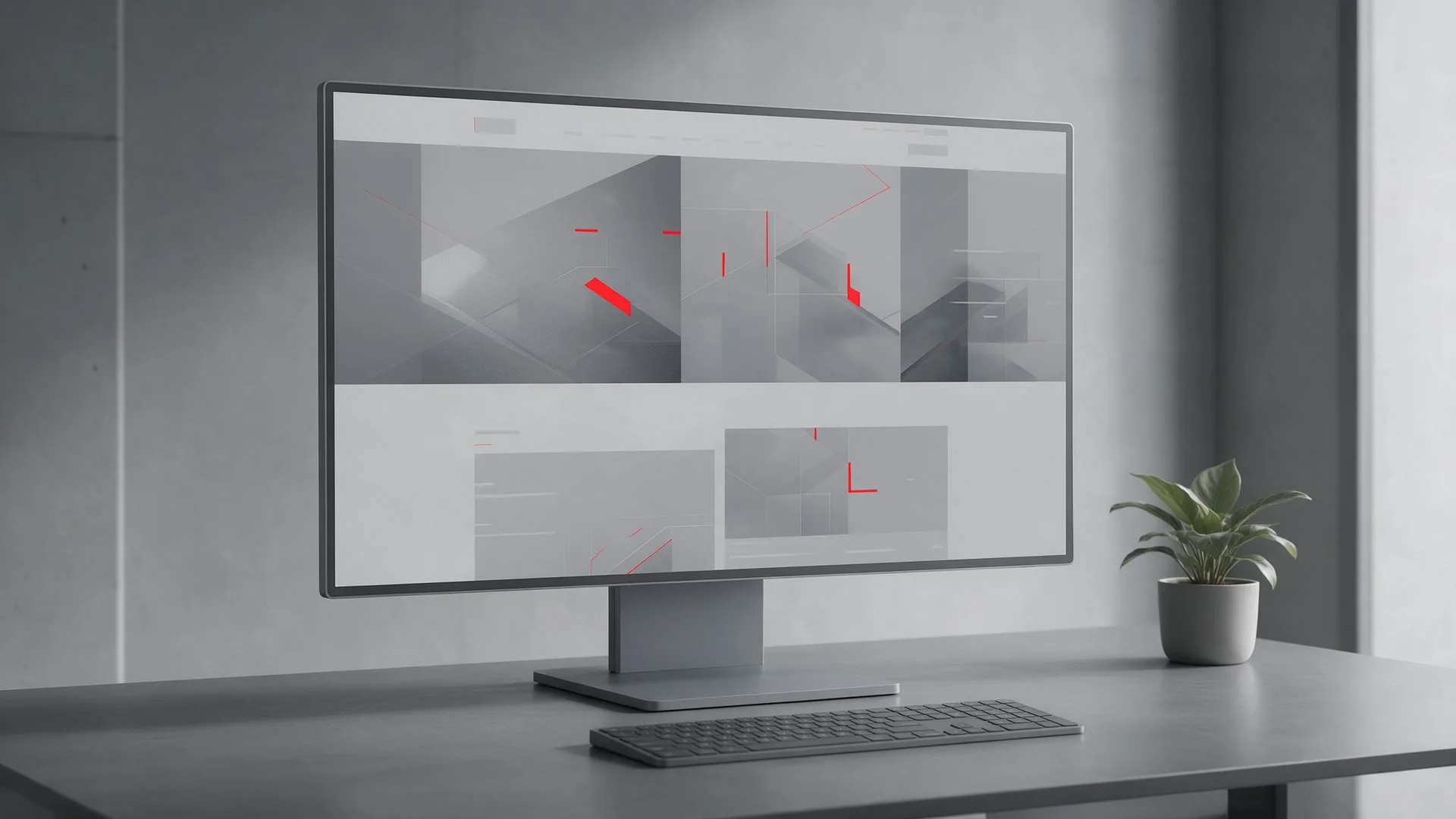 Monitor de escritorio mostrando un sitio corporativo de varias secciones en una oficina gris