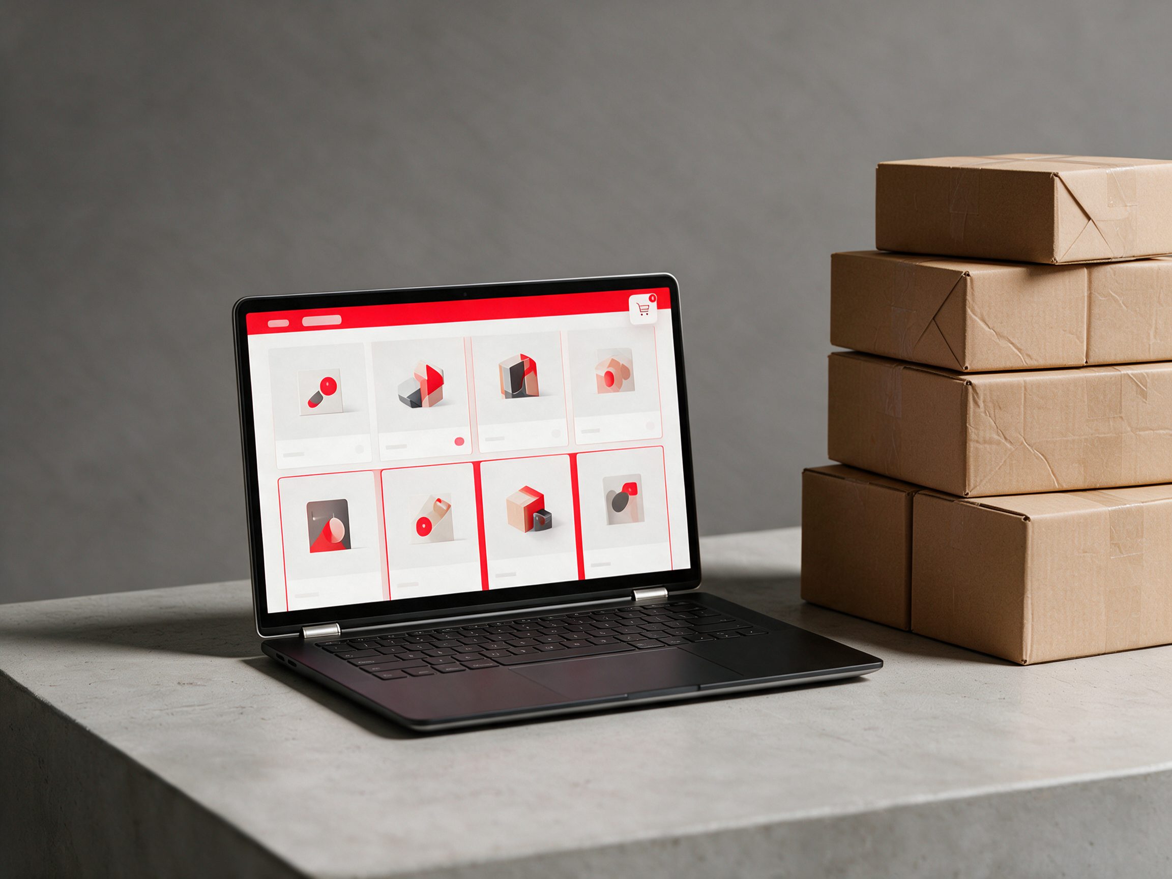 Laptop mostrando la rejilla de productos de una tienda en línea junto a cajas de envío