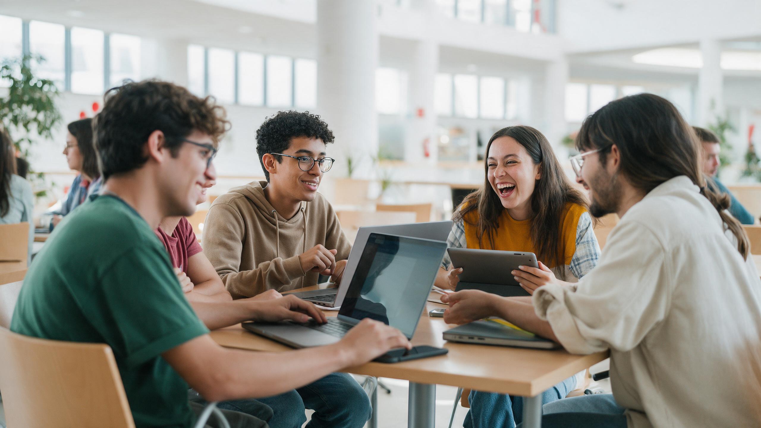Estudiantes trabajando con laptops y tabletas alrededor de una mesa en un espacio luminoso