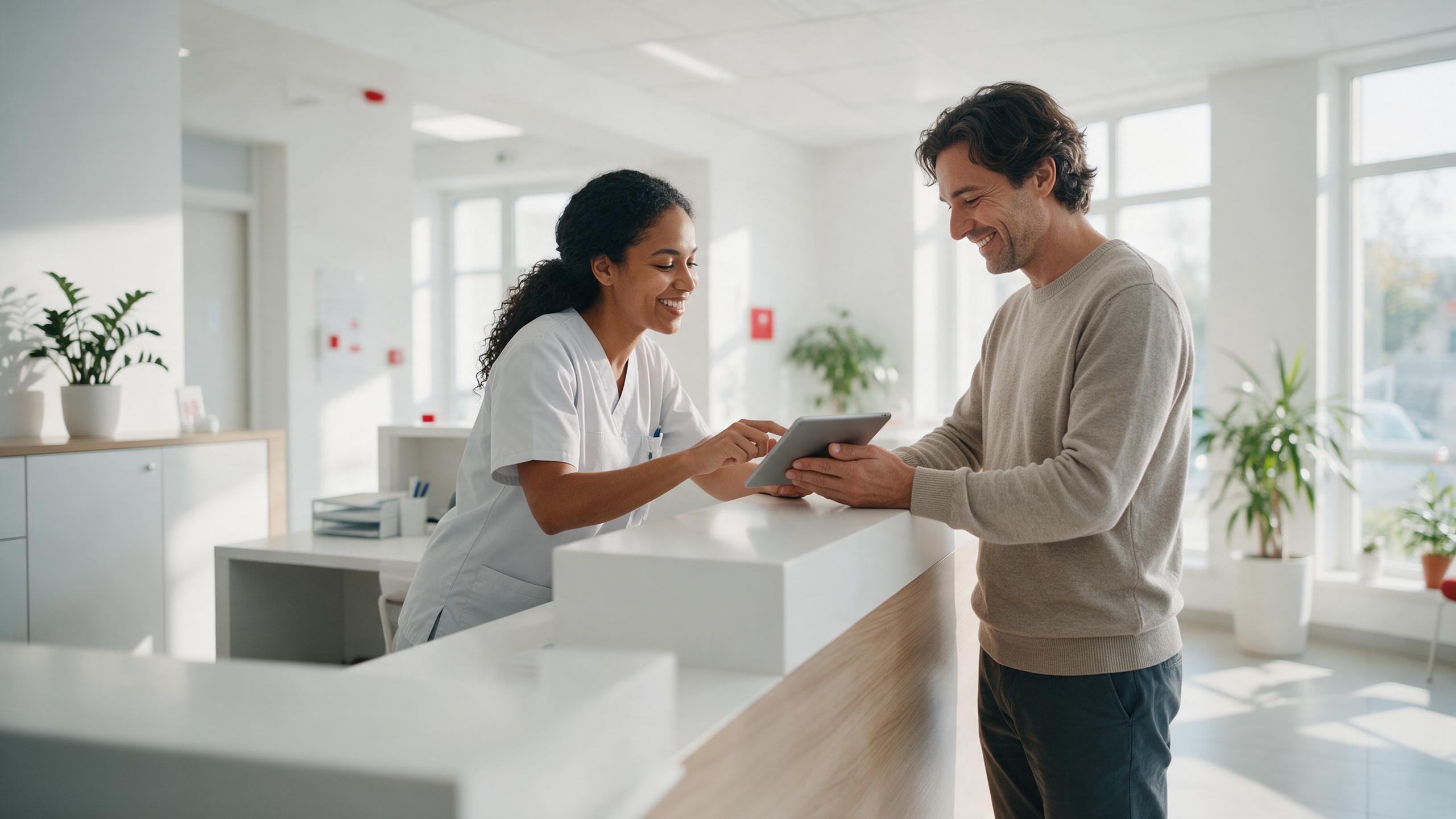 Recepcionista de una clínica atendiendo a un paciente con una tableta en un mostrador luminoso