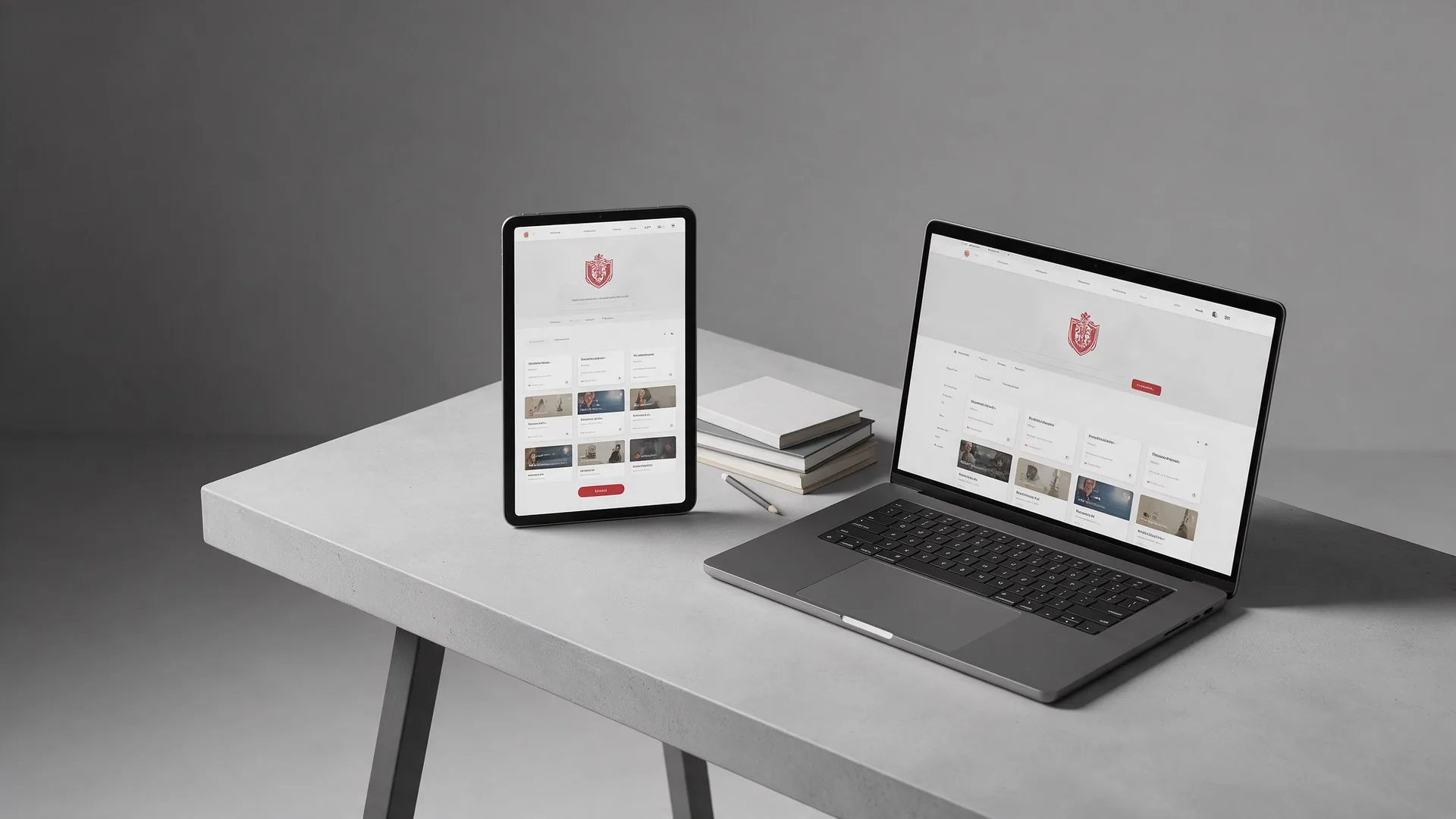 Tableta y laptop mostrando la portada de una plataforma de cursos con emblema rojo y catálogo de cursos