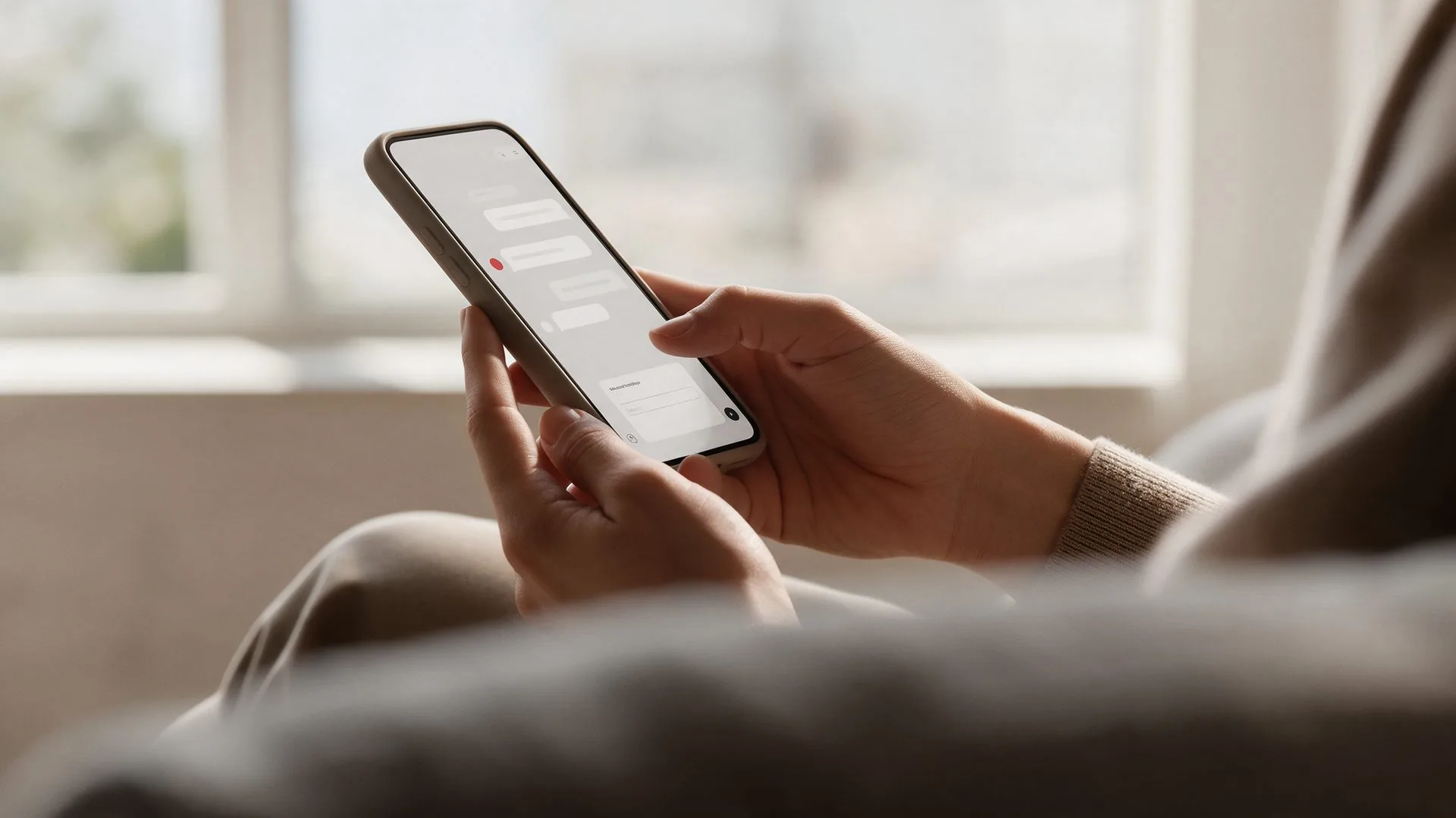 Manos sosteniendo un teléfono con una conversación con el asistente de una empresa