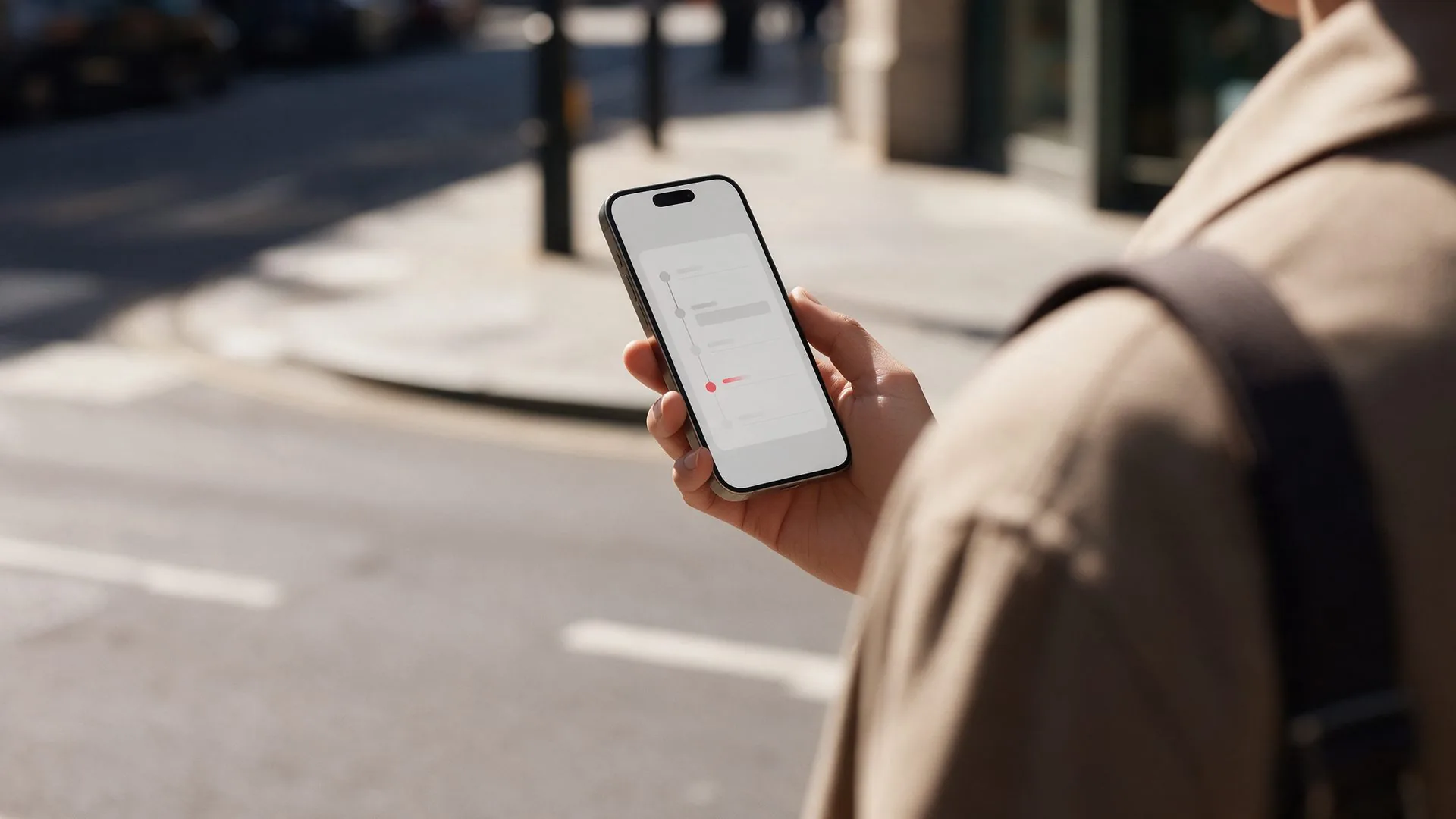 Cliente en la calle revisando en su teléfono el avance de su pedido en una app