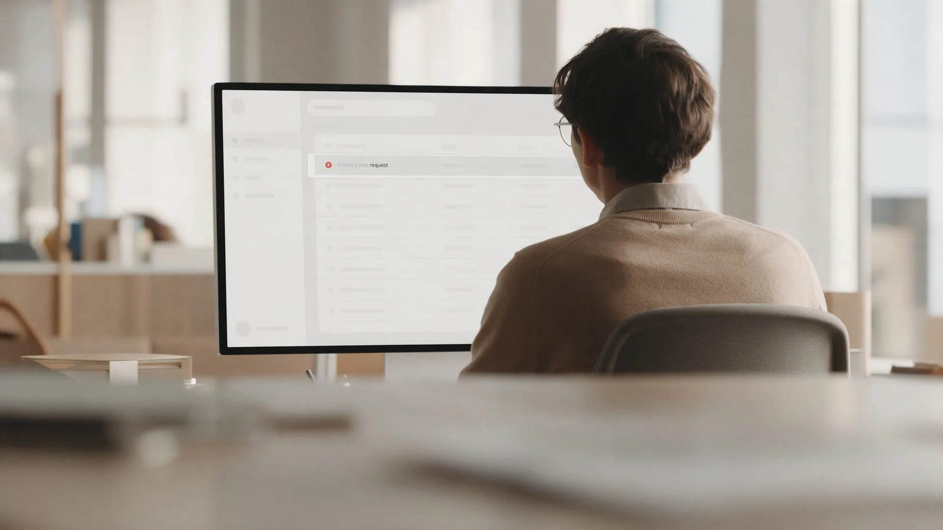 Colaborador frente a un monitor con el sistema interno y una solicitud nueva resaltada