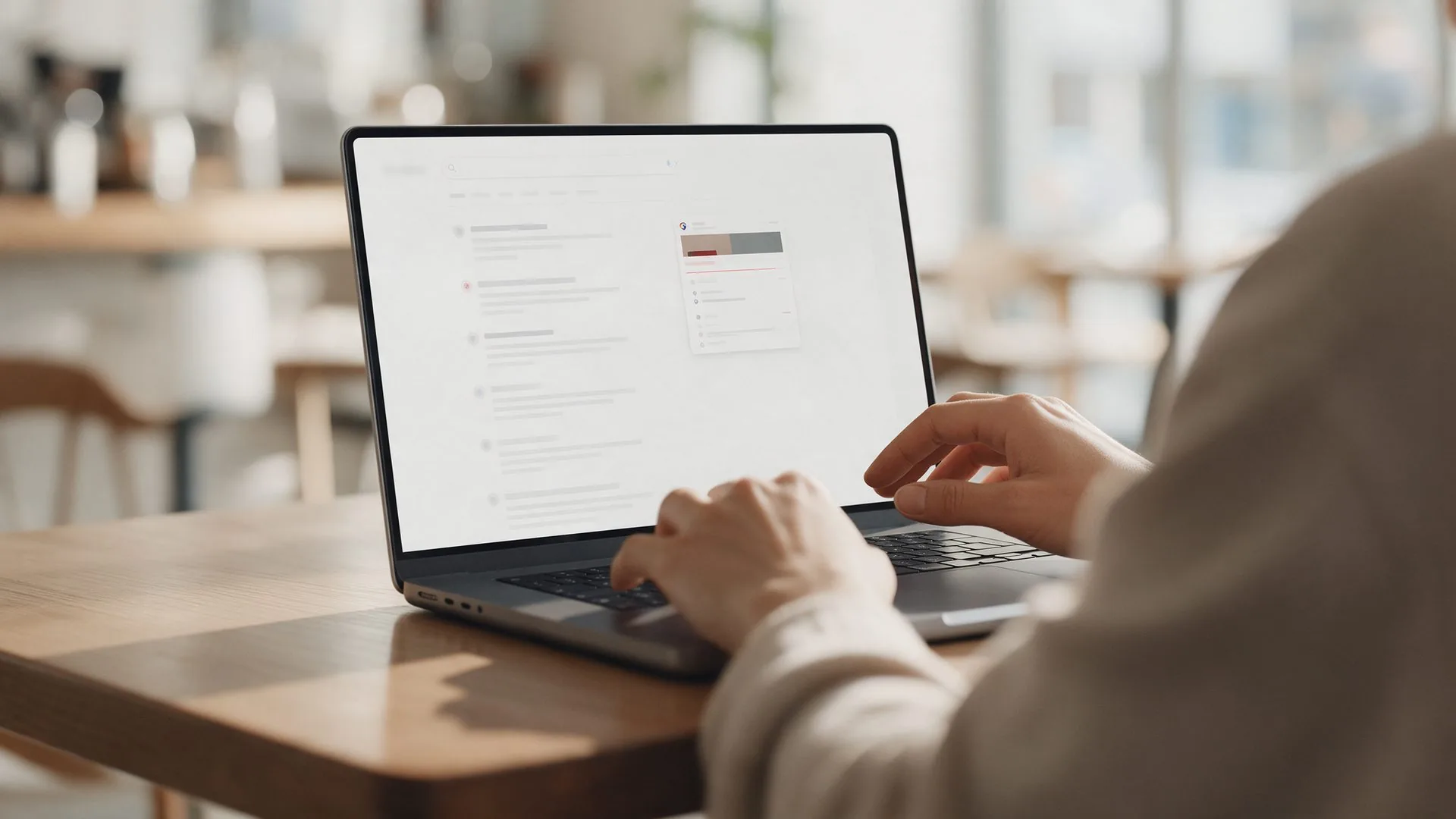 Persona buscando un servicio en su laptop, con una lista de resultados en pantalla