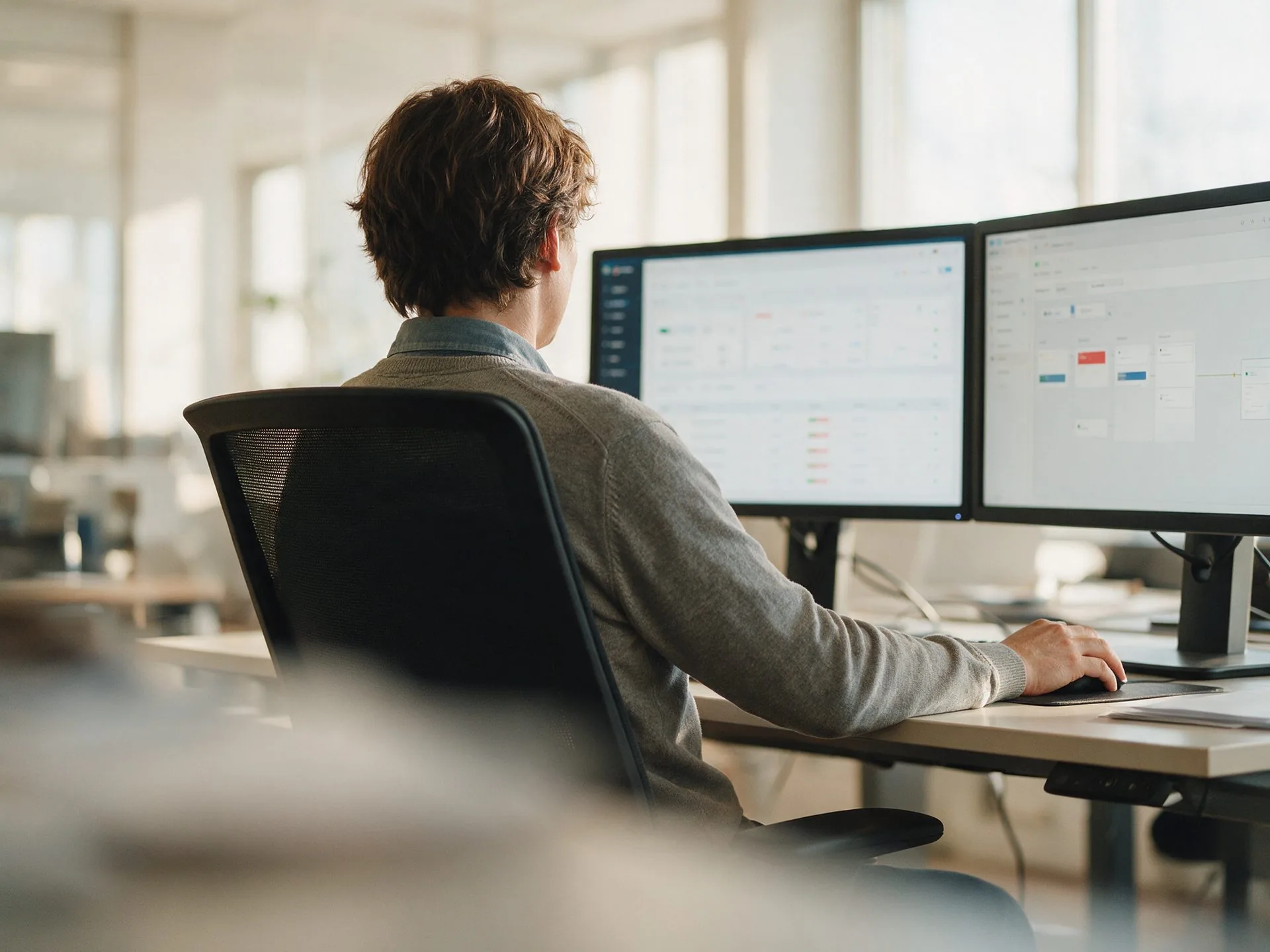 Colaborador trabajando en el sistema interno de la empresa en dos monitores