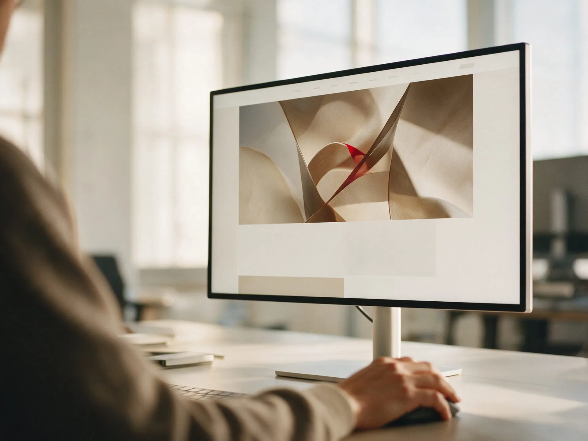 Persona navegando el sitio web de una empresa en un monitor de escritorio