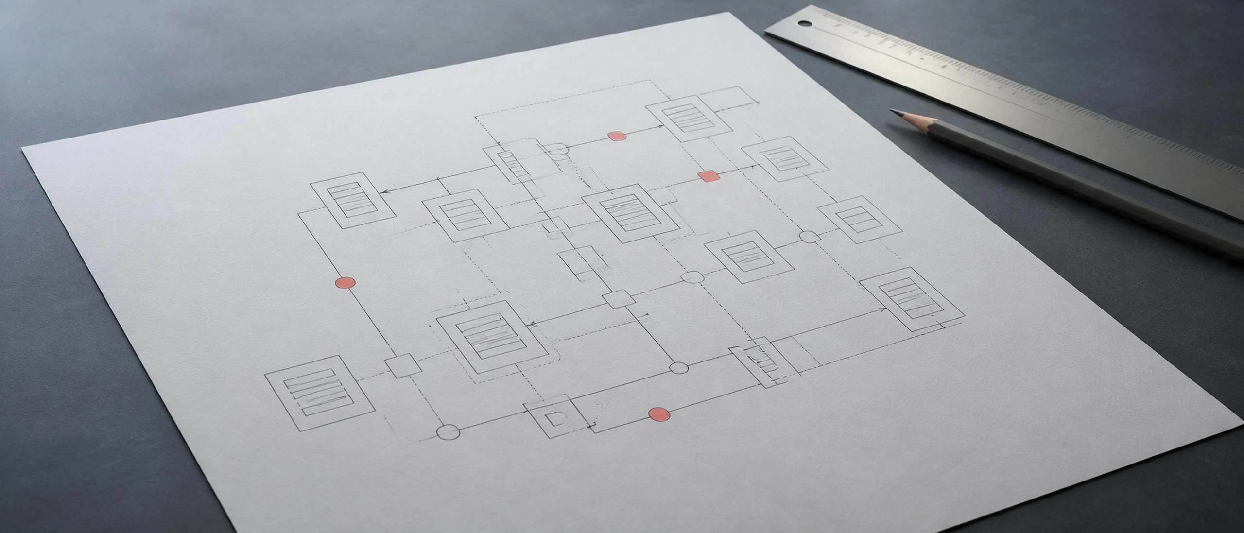 Plano técnico con un diagrama de arquitectura de cajas y líneas de flujo