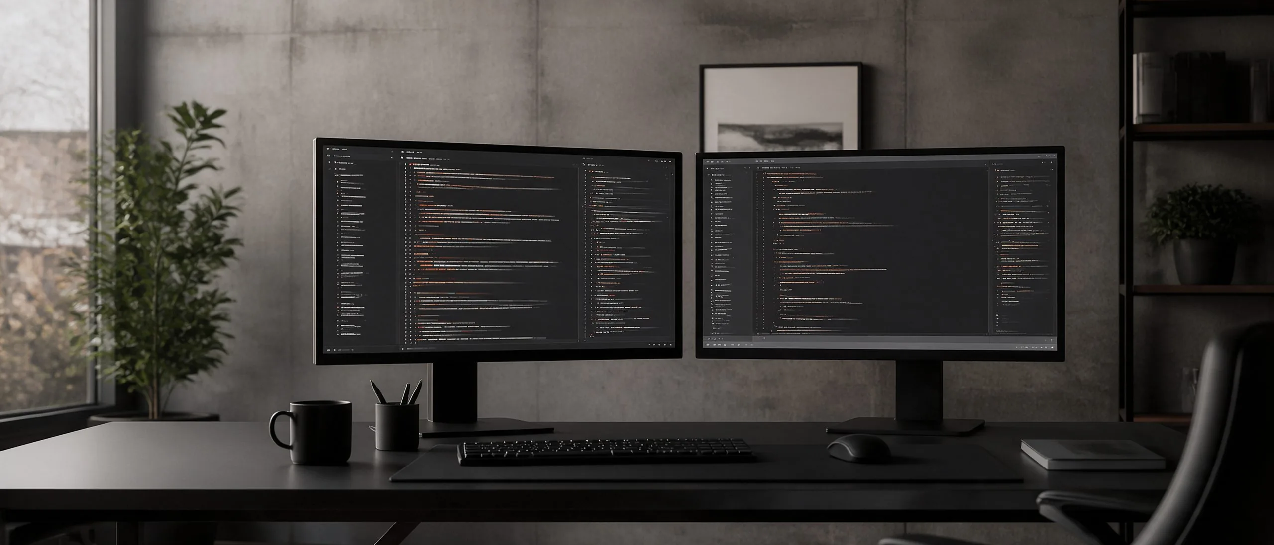 Dos monitores con un editor de código en una oficina de muros de concreto