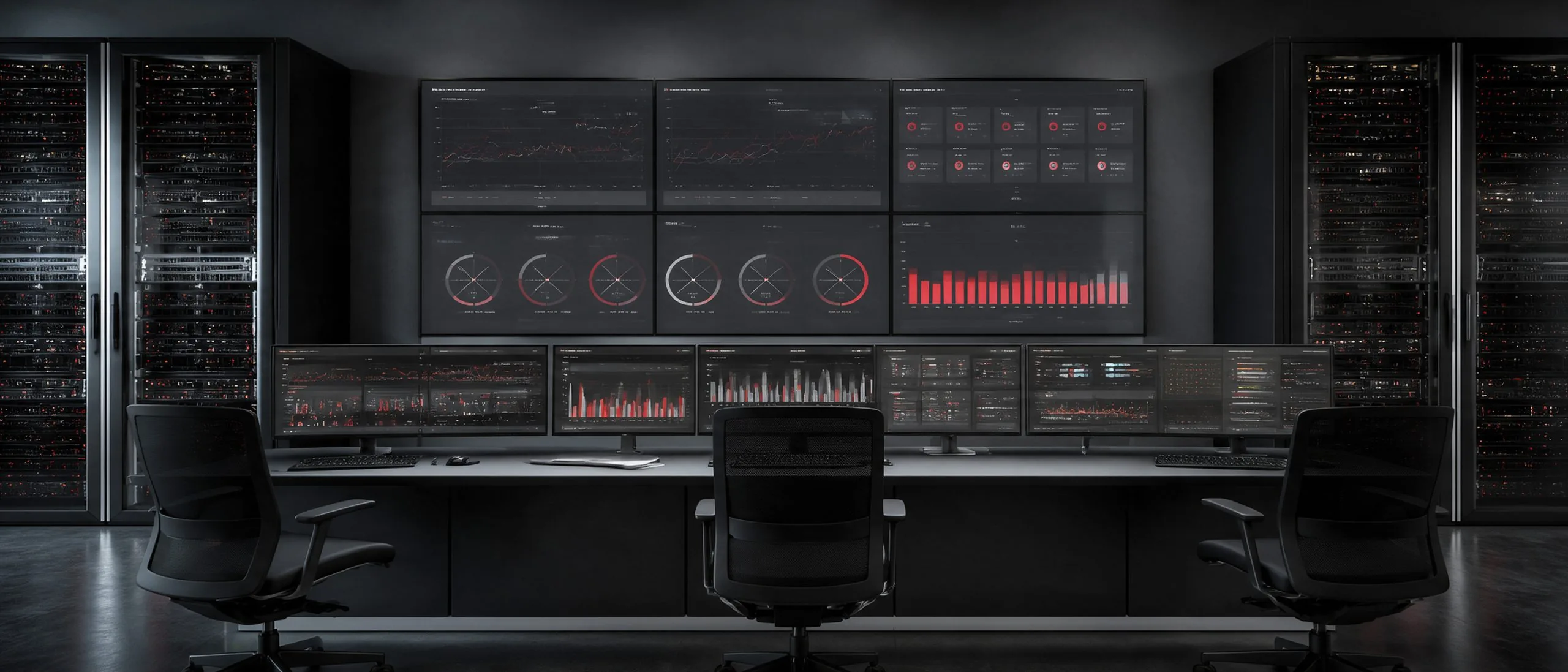 Muro de pantallas de monitoreo con gráficas de disponibilidad y racks de servidores