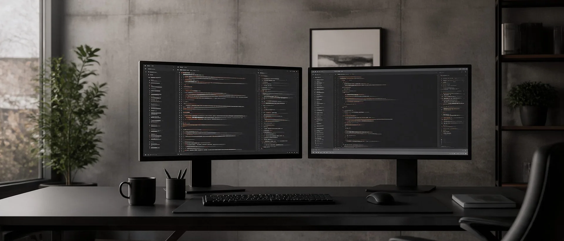 Desarrollo de sistemas a la medida: dos monitores con un editor de código en una oficina de muros de concreto