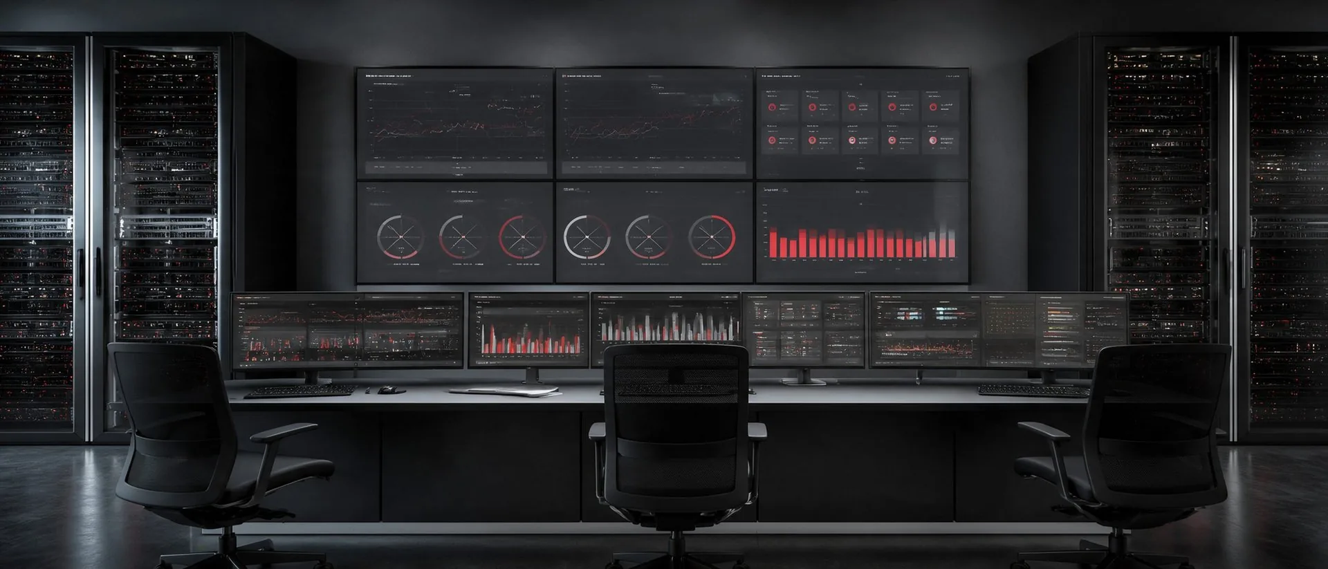 Muro de pantallas de monitoreo con gráficas de disponibilidad y racks de servidores