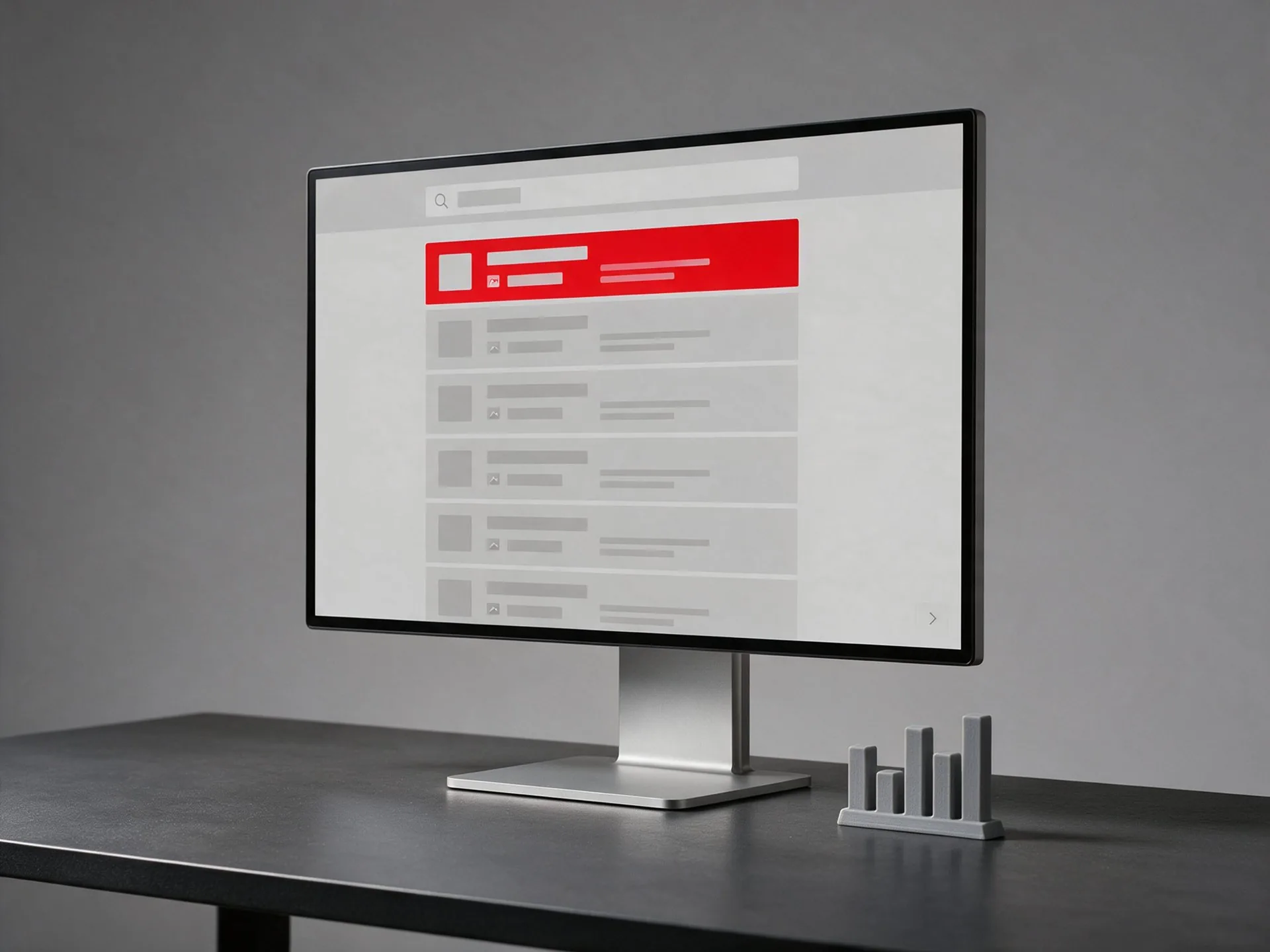Monitor mostrando una lista de resultados de búsqueda con el primero destacado
