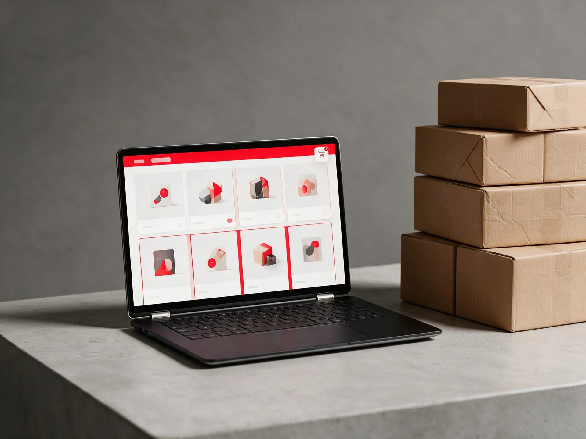Desarrollo de tiendas en línea: laptop mostrando la rejilla de productos de una tienda en línea junto a cajas de envío