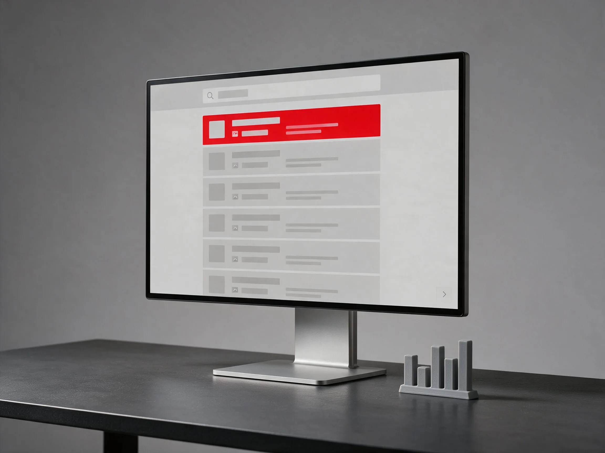 Monitor mostrando una lista de resultados de búsqueda con el primero destacado