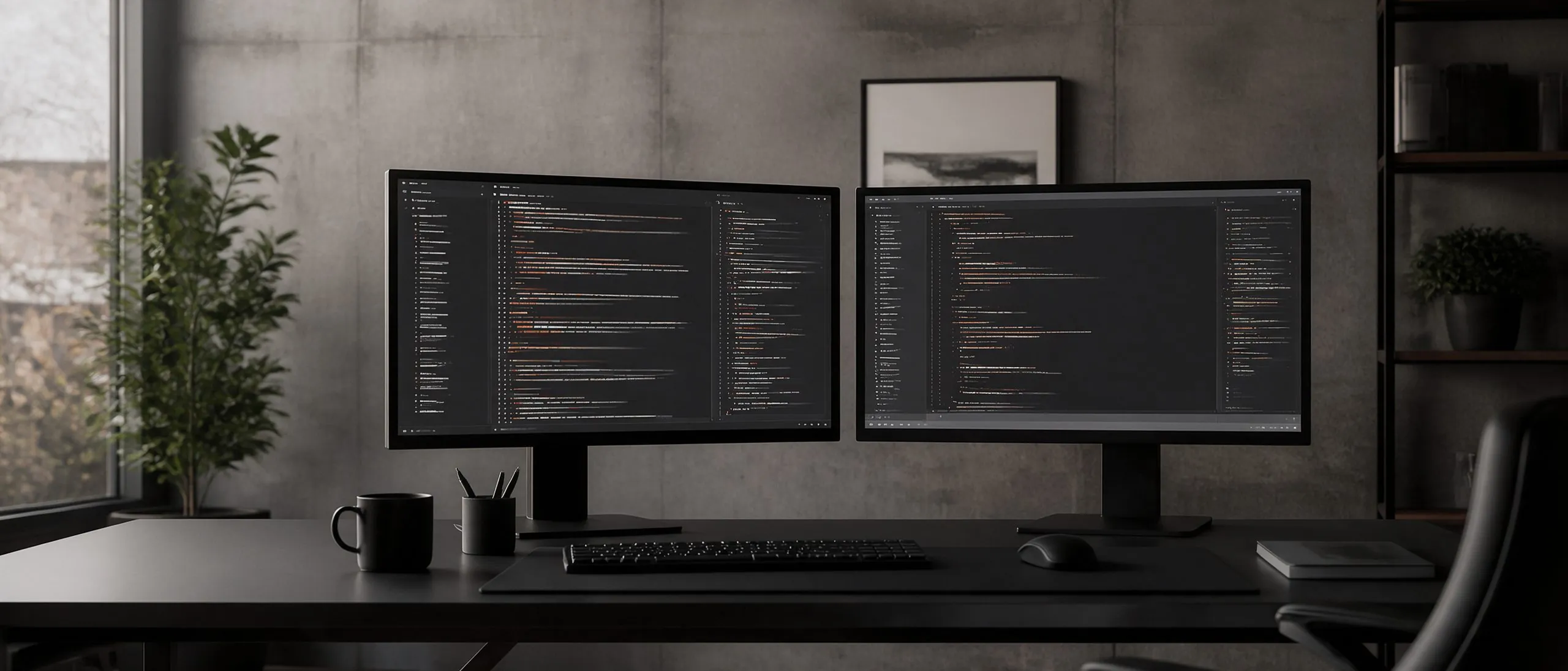 Dos monitores con un editor de código en una oficina de muros de concreto