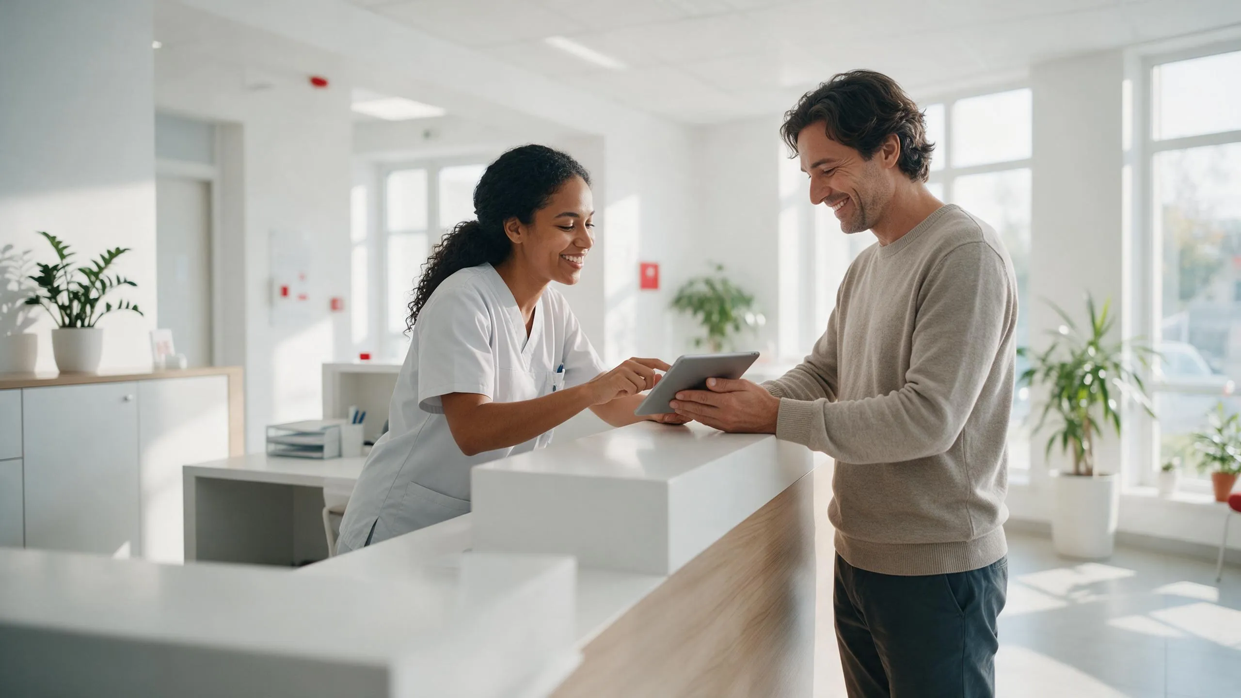 Recepcionista de una clínica atendiendo a un paciente con una tableta en un mostrador luminoso
