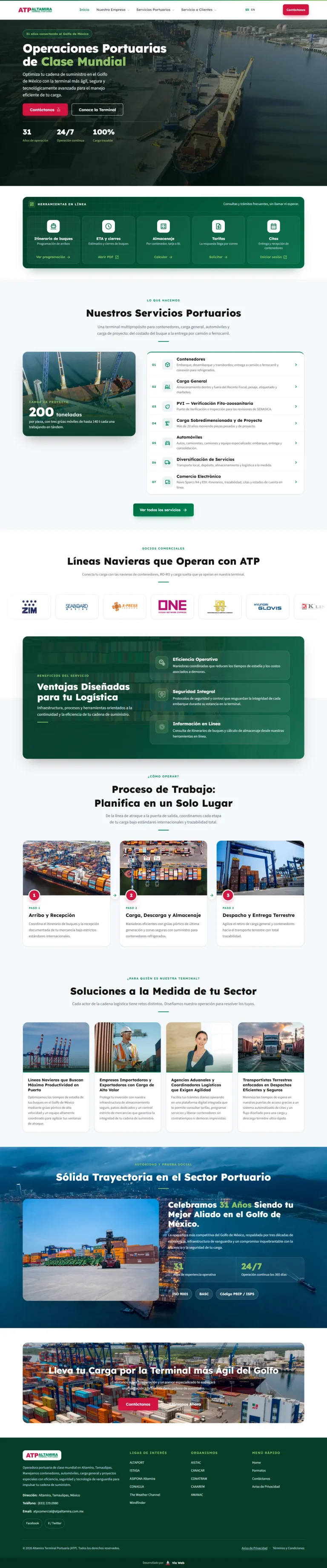 Portada del sitio web de ATP Altamira, terminal portuaria