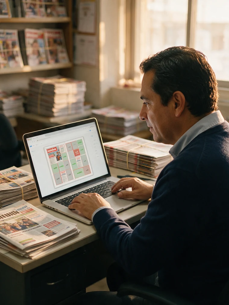 Gerente de ventas de una editorial revisa los espacios vendidos y libres de una página en el sistema (imagen ilustrativa)