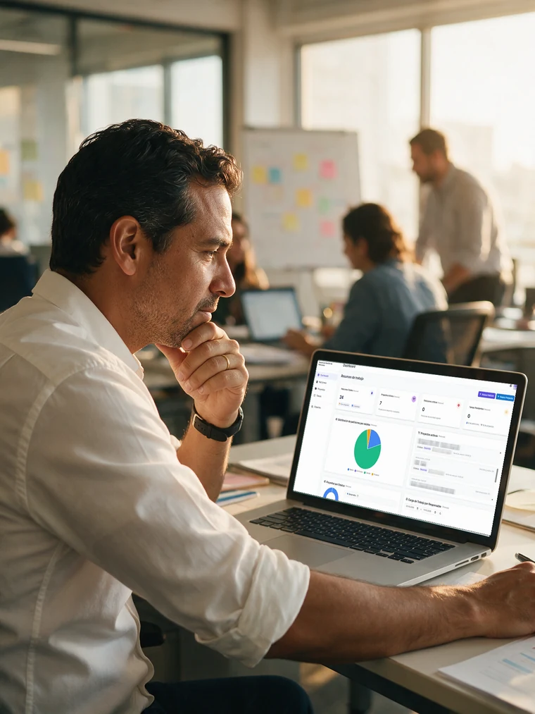 Jefe de equipo revisa el avance de las peticiones de trabajo en el dashboard del sistema (imagen ilustrativa)